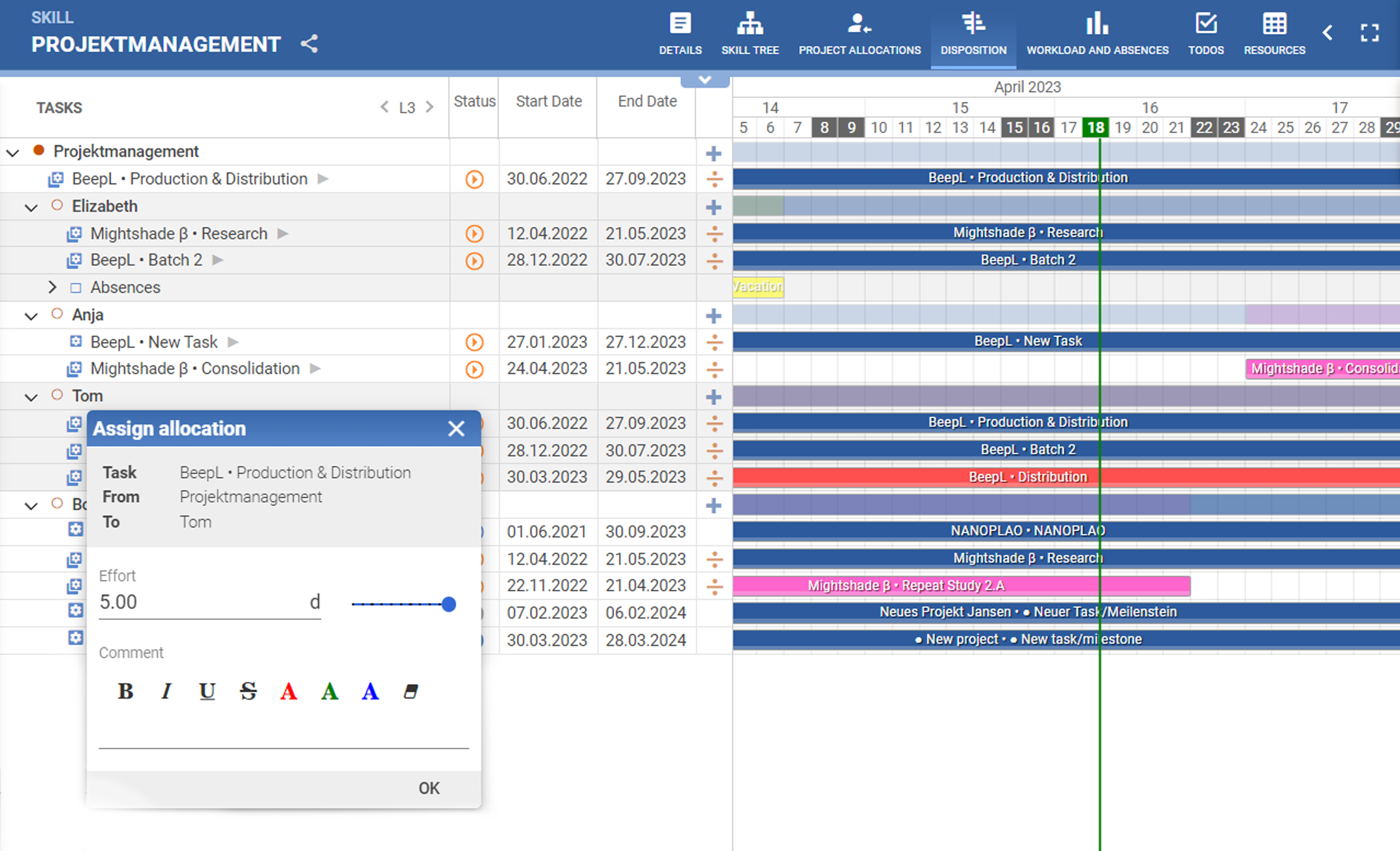 A screenshot of PQFORCE Skill management view, with a list of people and their skill, as well as their current availability. A pop up lets plan tasks from this view