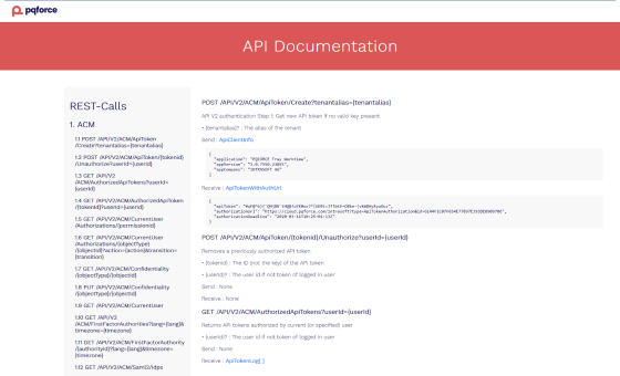 A screenshot of PQFORCE API documentation