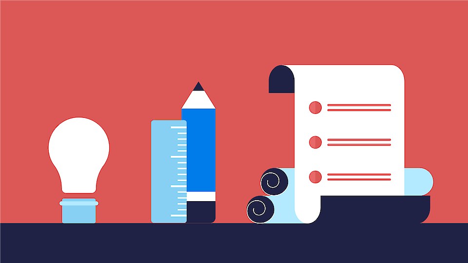 an illustration of a light bulb, a ruler, a pencil and a document