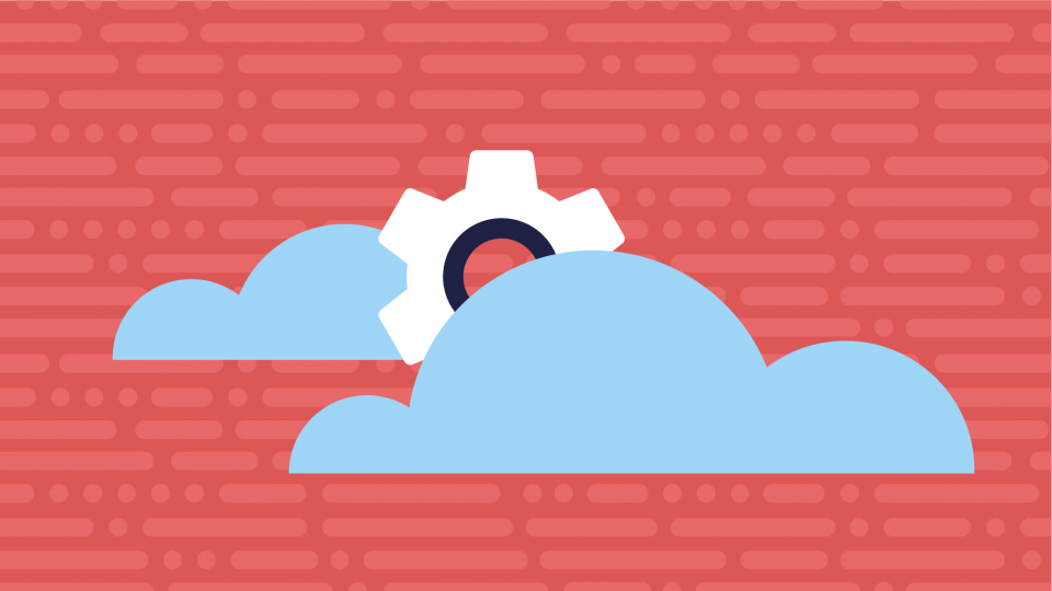 An illustration of a gear hidden between two clouds