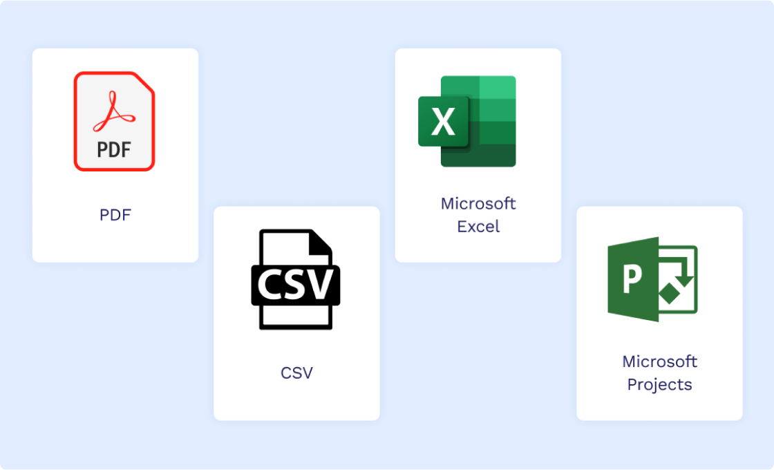 PDF, CSV, Microsoft Excel, and Microsoft Projects icons