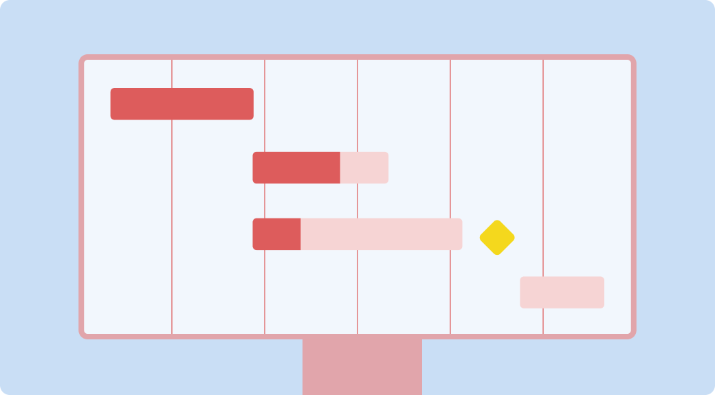 An illustration of a Computer screen, with a stylized project management software dashboard